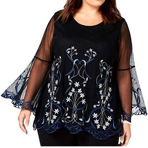 Alfani Woman’s Black Lace Embellished Bell Sleeves Sheer Overlay Blouse Sz XL